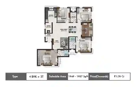 Nutech Central Park 4 BHK + 3T floor plan, 1949 sq ft carpet area