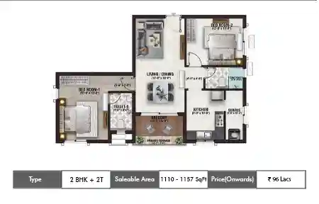 Nutech Central Park 2 BHK + 2T floor plan, 1110 sq ft carpet area
